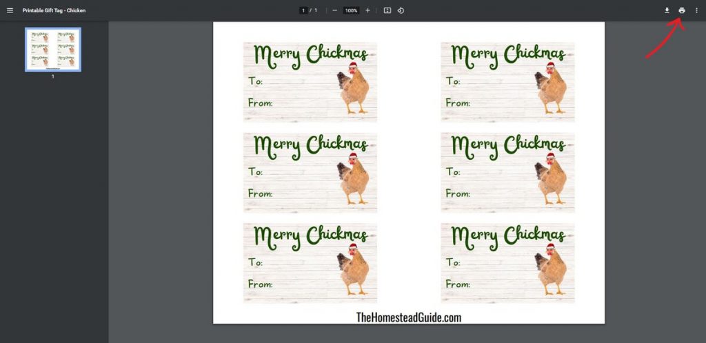 Screenshot showing pdf preview of chicken themed gift tags