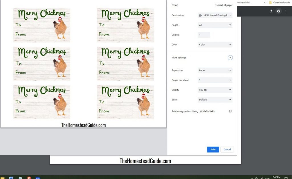 Screenshot showing print preview of chicken-themed gift tags