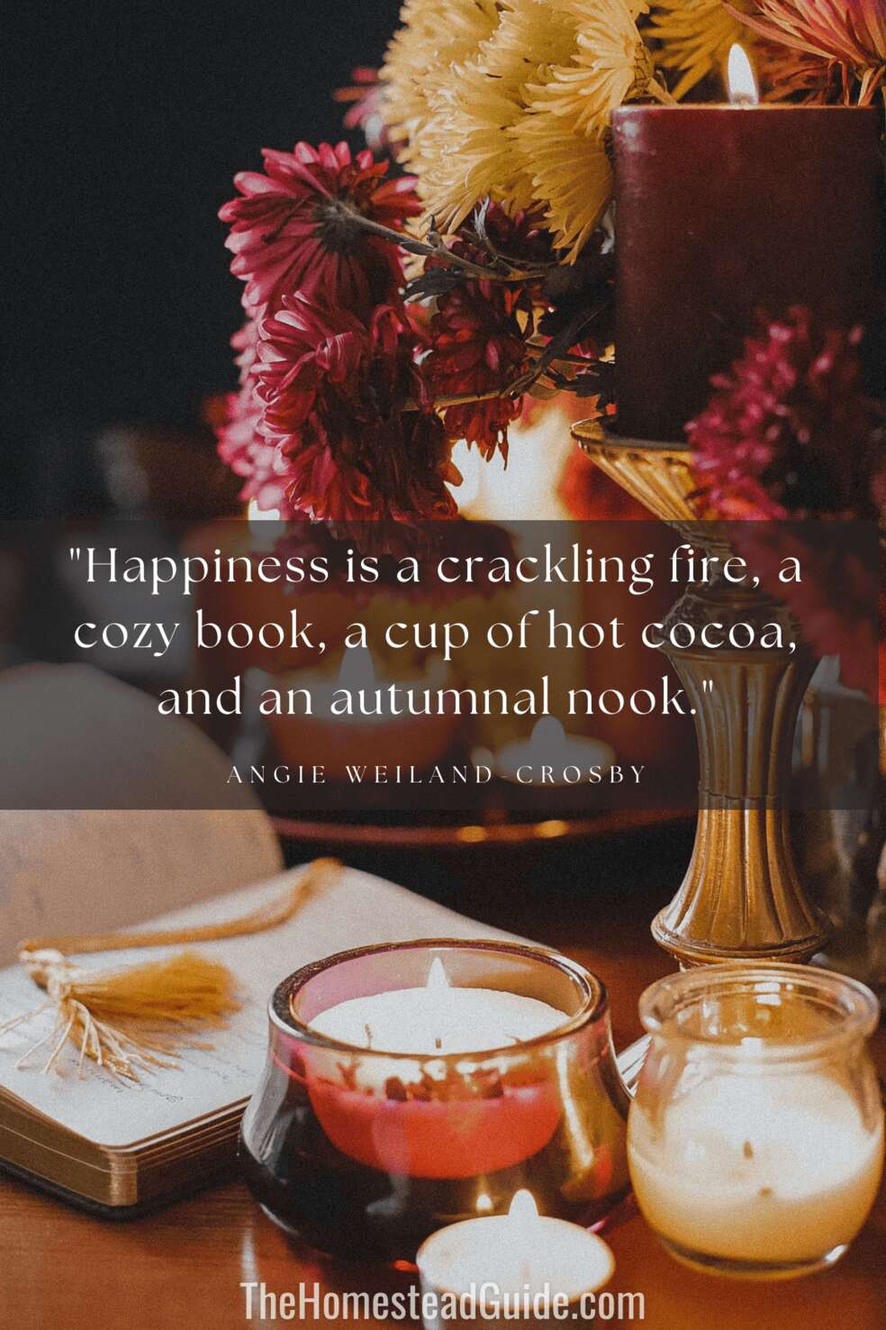 Happiness is a crackling fire, a cozy book, a cup of hot cocoa, and an autumnal nook.