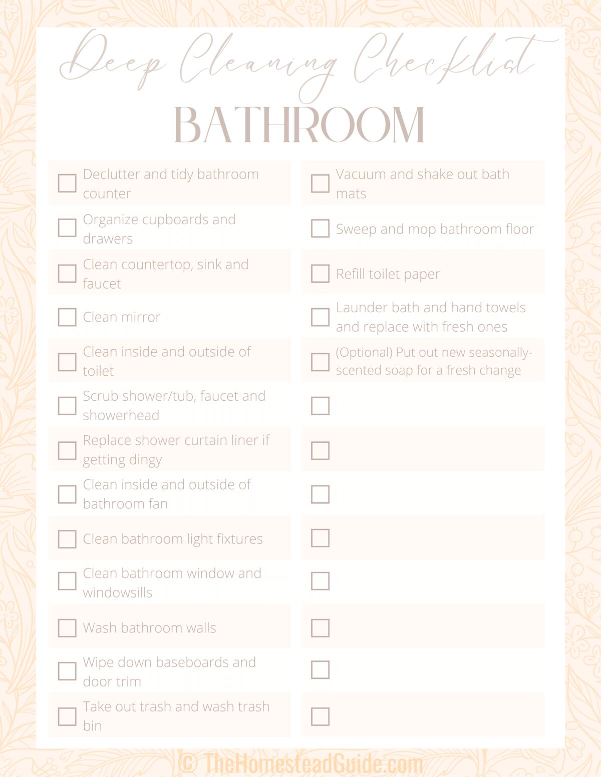 Whole Home Deep Cleaning Checklist - Bathroom